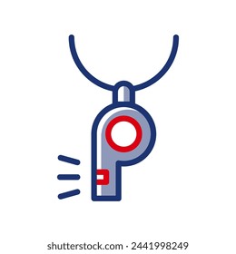 Vector icon of a whistle hanging on a cord. It is useful in applications for athletic trainers, referee equipment stores, sports referee organizations, and safety and emergency preparedness materials.