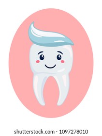 Vector icon with white clean tooth and an extruded toothpaste on it. The concept of brushing teeth.