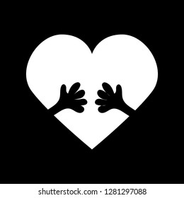 
Vector icon of white heart with hands hugging it on black background