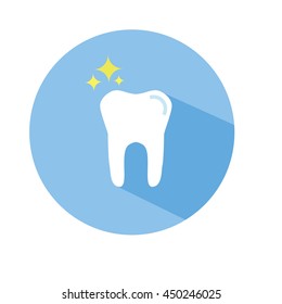 Vector icon of white shining tooth in flat style with long shadow. Dental round icon, isolated design element.