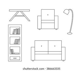 Vector icon of white sofa with backrest, armchairs, table and floor lamp, bookcase with book; black white