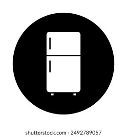 Vector icon of a white symbol refrigerator, with a black circle background.