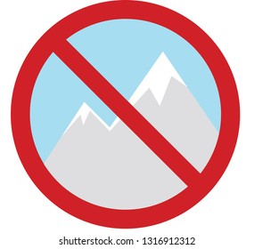 Vector icon of wild nature with mountain and blue sky as background in red circle as warning and crossed isolated on white background 