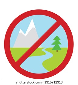 Vector icon of wild nature with mountain and blue sky as background in red circle as warning and crossed isolated on white background 