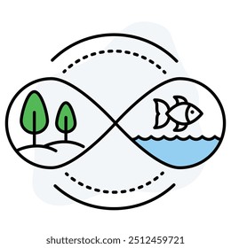 Ícone de vetor para Proteção da Vida Selvagem. Apresenta um símbolo infinito que envolve árvores verdes e um peixe em água azul, representando a proteção contínua da vida selvagem e da biodiversidade.