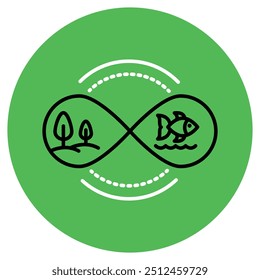 Ícone de vetor para Proteção da Vida Selvagem. Possui símbolo infinito envolvendo árvores e peixes, representando proteção contínua da vida selvagem, fundo verde circular.