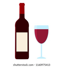 Vector icon of wine bottle and wine glass with red wine. Flat style.