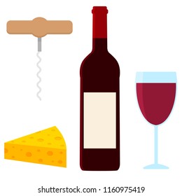 Vector icon of wine bottle and wine glass with red wine. Flat style.