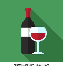 Vector icon of wine bottle and wine glass with red wine. Flat style.