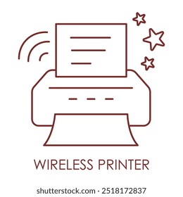 Ícone de vetor para impressora wireless. Mostra uma impressora com conectividade wireless, projetada para imprimir documentos sem conexão a cabo direta. 