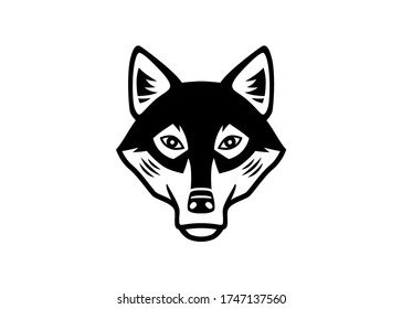 Vector icon of a wolf head, black and white, in a graphic style very simple, to use like a logo, design element or similar thing.