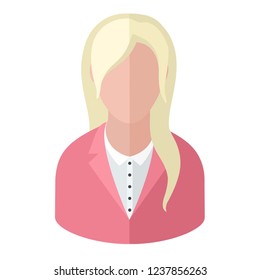 Vector icon woman blond. Illustration in flat style. Avatar of a woman in a pink jacket.