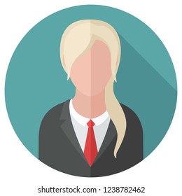 Vector icon woman blond. Illustration in flat style. Avatar of a girl in a black jacket and red tie.
