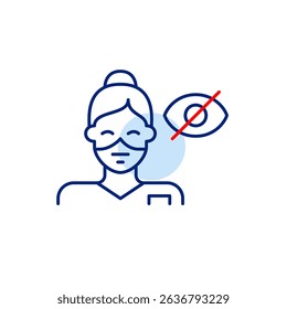 Vector icon of woman doctor wearing medical mask with crossed-out eye, symbolizing confidential care, private consultation, or hidden medical presence. Ideal for healthcare apps, telemedicine, and pri