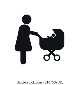 Vector Icon Of Woman Driving Baby Carriage.