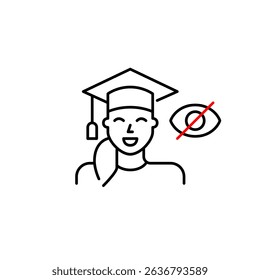 Vector icon of woman in graduation cap with crossed-out eye, symbolizing private achievement, hidden education, or confidential credentials. Ideal for education apps, professional profiles, and privac