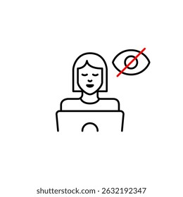 Vector icon of woman at laptop with crossed-out eye, symbolizing hidden activity, private browsing, or invisible user status. Ideal for privacy apps, remote work tools, and interfaces