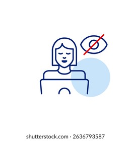 Vector icon of woman at laptop with crossed-out eye, symbolizing hidden activity, private browsing, or invisible user status. Ideal for privacy apps, remote work tools, and secure interfaces