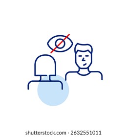 Vector icon of woman and man in conversation with crossed-out eye, symbolizing private discussion, confidential communication, hidden dialogue. Ideal for messaging apps, privacy settings, and social p