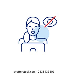 Vector icon of woman in office clothes using laptop with crossed-out eye, symbolizing hidden activity, private work, or invisible online presence. Ideal for business apps, remote work tools, and priva