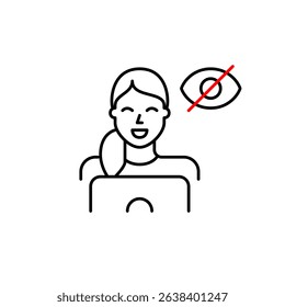 Vector icon of woman in office clothes using laptop with crossed-out eye, symbolizing hidden activity, private work, or invisible online presence. Ideal for business apps, remote work tools, and priva