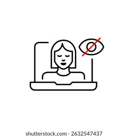 Vector icon of woman on laptop screen with crossed-out eye, symbolizing hidden video call, private meeting, or invisible online presence. Ideal for remote work apps, communication tools, and privacy s