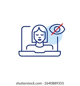 Vector icon of woman on laptop screen with crossed-out eye, symbolizing hidden video call, private meeting, or invisible online presence. Ideal for remote work apps, communication tools, and privacy