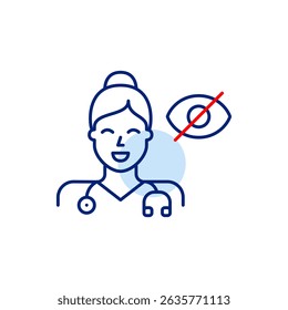 Vector icon of woman physician with stethoscope and crossed-out eye, symbolizing confidential care, private consultations, or hidden medical info. Ideal for healthcare apps, telemedicine, and privacy
