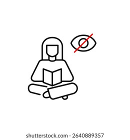 Vector icon of woman reading book with crossed-out eye, symbolizing private study, hidden knowledge, or confidential learning. Ideal for education apps, privacy settings, and reading platforms