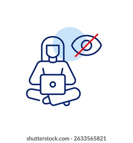 Vector icon of woman sitting with legs crossed working at laptop with crossed-out eye, symbolizing private work, hidden activity, or invisible online presence. Ideal for remote work apps, privacy sett