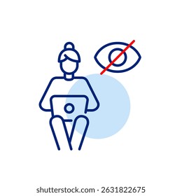 Vector icon of woman sitting and working at laptop with crossed-out eye, symbolizing private work, hidden activity, or invisible online presence. Ideal for productivity apps, remote work tools, and pr