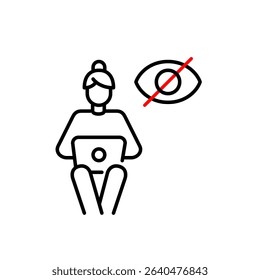 Vector icon of woman sitting and working at laptop with crossed-out eye, symbolizing private work, hidden activity, or invisible online presence. Ideal for productivity apps, remote work tools, and pr