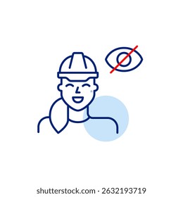 Vector icon of woman wearing hard hat with crossed-out eye, symbolizing restricted access, hidden safety status, or confidential construction info. Ideal for industrial apps, safety platforms, and set