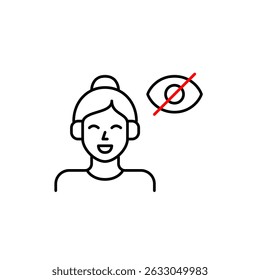 Vector icon of woman wearing headphones with crossed-out eye, symbolizing private listening, hidden audio, or invisible sound mode. Ideal for music apps, privacy settings, and audio platforms