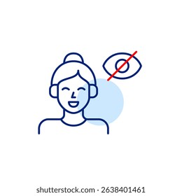Vector icon of woman wearing headphones with crossed-out eye, symbolizing private listening, hidden audio, or invisible sound mode. Ideal for music apps, privacy settings, and audio