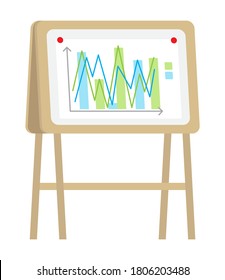 Vector icon of wooden flipchart with chart, graphs, data, arrows, infographics. Business presentation at board. Report screen with statistics, business strategy, financial plan. Isolated wooden board