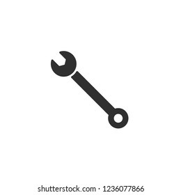 Vector icon of wrench. Home repair tool sign symbol. Flat cartoon design. White background, black silhouette