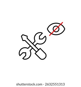 Vector icon of wrench and screwdriver with crossed-out eye, symbolizing hidden tools, private settings, or restricted maintenance access. Ideal for repair apps, system tools, and privacy features