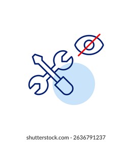 Vector icon of wrench and screwdriver with crossed-out eye, symbolizing hidden tools, private settings, or restricted maintenance access. Ideal for repair apps, system tools, and privacy