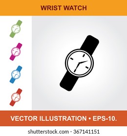 Vector Icon Of Wrist Watch With Title & Small Multicolored Icons. Eps-10.