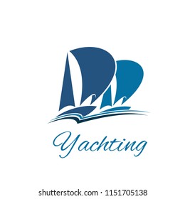 Vector icon for yachting organization or yachting club. Creative sign in blue color, concept of sailing hobby. Emblem for sea sport team, sailboat lovers, isolated on white background