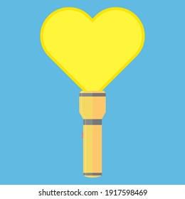 Vektorsymbol der gelben Taschenlampe mit Herz. Vektorsymbol der Taschenlampe mit Herz in flachem Stil für Webdesign. Vektorgrafik.