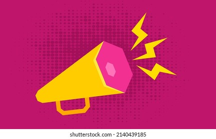 Vector icon of yellow megaphone on pink background. Retro loudspeaker for hot news.
