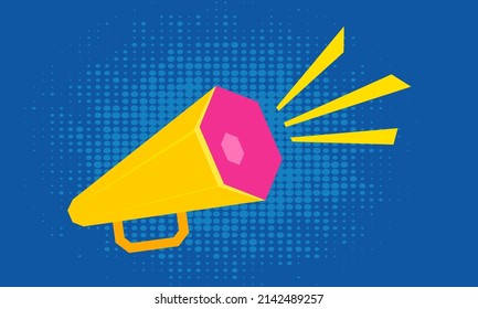 Vector icon of yellow megaphone on blue background. Retro loudspeaker for hot news.