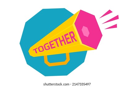 Vector icon of yellow megaphone on blue background. Banner with retro loudspeaker for hot news. Together power.
