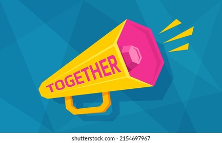 Icono vector de megáfono amarillo sobre fondo poligonal azul. Cartel con altavoz retro para noticias calientes. Juntos el poder.