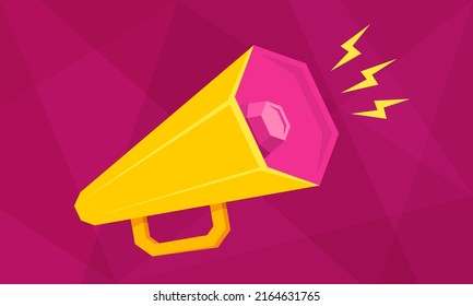 Vector icon of yellow megaphone on pink polygonal background. Banner with retro loudspeaker for hot news. Together power.