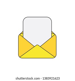 Vector icon of yellow opened mail envelope with blank paper. Black outlines and colored.