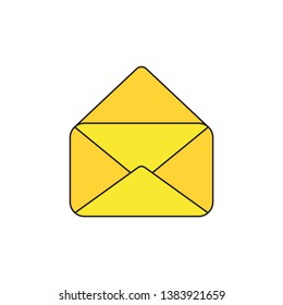 Vector icon of yellow opened mail envelope. Black outlines and colored.