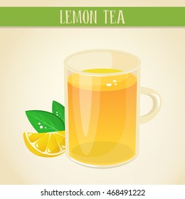 Vector icon yellow orange tea in a transparent mug and a slice of lemon with leaves